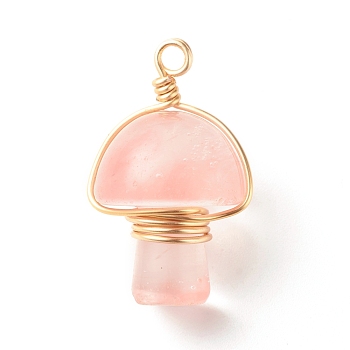Cherry Quartz Glass Pendants, with Real 18K Gold Plated Eco-Friendly Copper Wire Wrapped, Mushroom, 28~32x16~17x16~17mm, Hole: 3mm