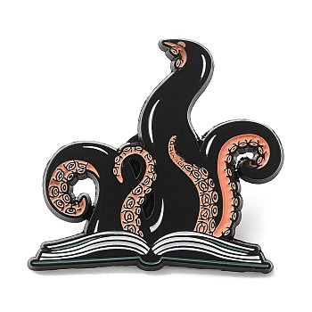 Halloween Theme Enamel Pin, Electrophoresis Black Zinc Alloy Brooch for Backpack Clothes, Octopus & Book, 28x31x1.5mm