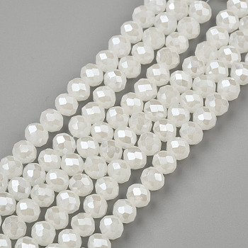 Electroplate Glass Beads Strands, Imitation Jade Beads, Pearl Luster Plated, Faceted, Rondelle, Creamy White, 6x5mm, Hole: 1mm, about 87~90pcs/strand, 17~17.5 inch(42.5~43.75cm)