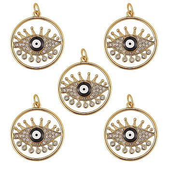 5Pcs Brass Micro Pave Cubic Zirconia Pendants, with Enamel, Long-Lasting Plated, Cadmium Free & Lead Free, Real 18K Gold Plated, Flat Round with Evil Eye, Black, 22x20x3mm, Hole: 3.6mm