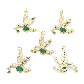 Real 18K Gold Plated Brass Micro Pave Cubic Zirconia Pendants, Long-Lasting Plated, Bird, Green, 30x28x5mm, Hole: 3.5mm