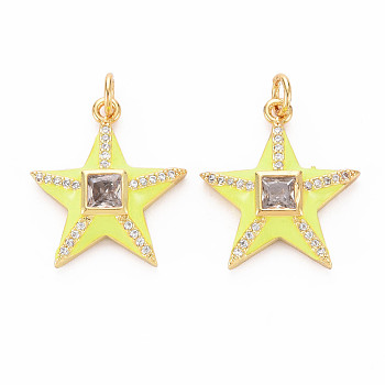 Brass Micro Pave Clear Cubic Zirconia Pendants, with Enamel and Jump Ring, Star, Real 16K Gold Plated, Yellow, 20x18.5x4.5mm, Hole: 3mm