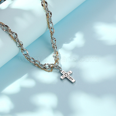 Two Tone Stainless Steel Cross Pendant Necklace with Dapped Chains(QS5537)-3