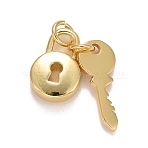 Rack Plating Brass Pendants, with Jump Rings, Long-Lasting Plated, Lead Free & Cadmium Free, Lock & Key, Real 18K Gold Plated, 19mm, , Jump Ring: 4.6x0.8mm, 3mm Inner Diameter, Lock: 13x8.5x3.5mm, Key: 15.5x6.5x1mm(KK-E275-06G)