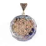 Transparent Epoxy Resin Alchemy Pendants, with Natural Gemstone Chip, Gold Foil, Flat Round with Star of David, Colorful, 39.5x35.5x10.5~11.5mm, Hole: 5x9mm(RESI-T049-06)