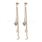 Moon & Star & Sun Cubic Zirconia Dangle Stud Earrings, Brass Chains Tassel Earrings, Real 18K Gold Plated, 75mm(EJEW-JE05545)