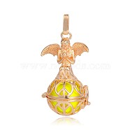 Golden Plated Brass Hollow Round Cage Pendants, with No Hole Spray Painted Brass Beads, Yellow, 45x25x24mm, Hole: 3x8mm(KK-J251-04G)