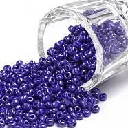 8/0 Glass Seed Beads, Opaque Colors Lustered, Round, Round Hole, Blue, 8/0, 3mm, Hole: 1mm, about 1111pcs/50g, 50g/bag, 18bags/2pounds(SEED-US0003-3mm-128)