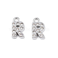 304 Stainless Steel Charms, with Crystal Rhinestone, Letter, Letter.R, 10~10.5x2~8x2mm, Hole: 1.2mm(STAS-N095-137R)