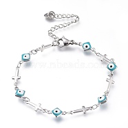 304 Stainless Steel Link Bracelets, with Enamel and Lobster Claw Clasps, Rhombus with Evil Eye & Cross, Stainless Steel Color, Medium Turquoise, 7-1/4 inch(18.5cm)(BJEW-M203-08P)