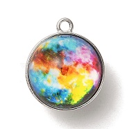 Galaxy Theme Luminous Glass Ball Pendants, Glow in the Dark, with Platinum Tone Alloy Edge, Colorful, 25x21.5x20~21mm, Hole: 2mm(GLAA-D021-01P-02)