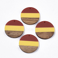 Tri-color Resin & Walnut Wood Pendants, Flat Round, FireBrick, 28x3.5mm, Hole: 2mm(RESI-S358-78M)