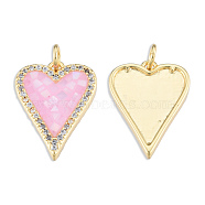 Brass Micro Pave Clear Cubic Zirconia Pendants, with Jump Rings and Shell, Enamel, Real 18K Gold Plated, Nickel Free, Heart, Pink, 20x14.5x3mm, Jump Ring: 5x1mm, 3mm inner diameter(KK-N227-93C)