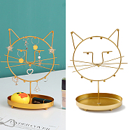 Iron Jewelry Display Stand with Tray, Jewelry Tree for Rings, Earrings, Bracelets, Glasses Storage, Golden, Cat Shape, 22.5x11.3x31.6cm(ODIS-K003-06D-G)