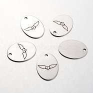 Spray Painted Stainless Steel Pendants, Oval with Flying Heart Pattern, Stainless Steel Color, 30x22x1mm, Hole: 3mm(STAS-I048-N08)