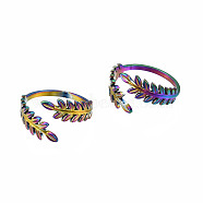 Leaf Cuff Rings, Rainbow Color 304 Stainless Steel Open Rings for Women, US Size 7 3/4(17.9mm)(RJEW-N038-025)
