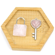 Natural Rose Quartz Love Heart Key and Couple Lock Pendant Set, for Valentine's Day, Lock: 30x20mm, Key: 15x40mm(PW-WG56926-02)