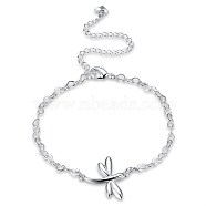 Trendy Brass Charm Anklets, Heart Link Chain with Dragonfly, Silver Color Plated, 7-7/8 inch(200mm)(AJEW-BB31030)