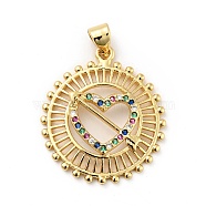 Rack Plating Brass Micro Pave Colorful Cubic Zirconia Pendants, Long-Lasting Plated, Lead Free & Cadmium Free, Flat Round with Heart and Arrow, Real 18K Gold Plated, 25.5x22.5x3.5mm, Hole: 3.5x4mm(ZIRC-F129-47G)