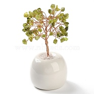 Natural Peridot Chips Tree of Life Decorations, Round Porcelain Base with Copper Wire Feng Shui Energy Stone Gift for Home Office Desktop Decoration, 57x113~129mm(DJEW-C016-02I)