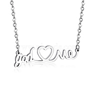 SHEGRACE Stainless Steel Pendant Necklaces, with Lobster Claw Clasps and Cable Chains, Word God Love and Heart, Stainless Steel Color, 17.7 inch(45cm), Pendant: 44.5x14mm(JN071A-X)