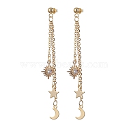 Moon & Star & Sun Cubic Zirconia Dangle Stud Earrings, Brass Chains Tassel Earrings, Real 18K Gold Plated, 75mm(EJEW-JE05545)