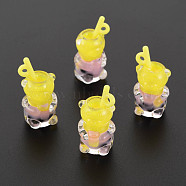 Resin Pendants, with Polymer Clay inside, Imitation Bubble Tea/Boba Milk Tea, with Acrylic Cup, Bear, Yellow, 27.5~29.5x14x13mm, Hole: 1.8mm(RESI-T052-01H)