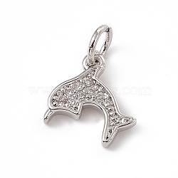 Brass Micro Pave Cubic Zirconia Charms, with Jump Ring, Dolphin Charm, Platinum, 10x10x1.5mm, Hole: 3mm(ZIRC-F132-47P)