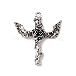 Alloy Enamel Big Pendants, Antique Silver, Sword with Wing Charm, Flower, 50x44x6.5mm, Hole: 3mm(FIND-M021-07AS-02)