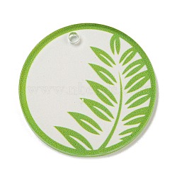 Opaque Acrylic Pendants, Flat Round with Leaf, Lime, 45x3mm, Hole: 3.5mm(BACR-C001-01E)
