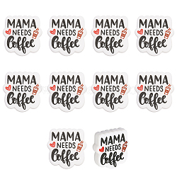 Word Mama Needs Coffee Silicone Beads, DIY Nursing Necklaces and Bracelets Making, Chewing Pendants For Teethers, White, 29x28x8.5mm, Hole: 2mm, 10pcs/box(SIL-CA0002-73)