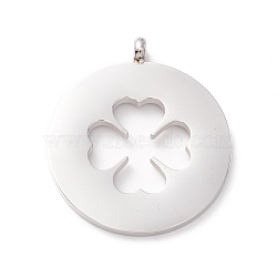 304 Stainless Steel Pendants, Flat Round with Clover, Stainless Steel Color, 28.5x25x4mm, Hole: 2.5mm(STAS-P302-04P)