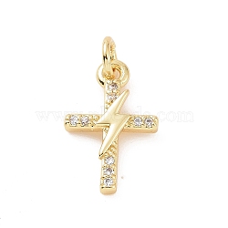 Brass Micro Pave Cubic Zirconia Charms, with Jump Ring, Cross with Lightning Bolt Charm, Golden, 14.5x9.5x2mm, Hole: 2.8mm(KK-C012-40G)