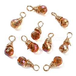 10Pcs Glass Pendants, Teardrop, with Light Gold Copper Wire, Faceted, Chocolate, 14mm, Hole: 3mm(PALLOY-YW00130-03)
