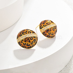 Brass Micro Pave Cubic Zirconia Leopard Stud Earrings, with Enamel, Real 22K Gold Plated, Flat Round, 15.5mm(EJEW-U055-13B-G)