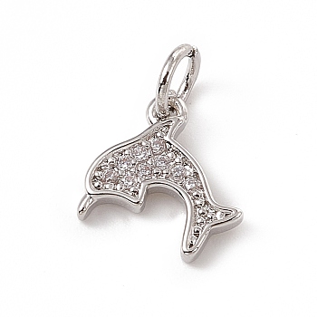 Brass Micro Pave Cubic Zirconia Charms, with Jump Ring, Dolphin Charm, Platinum, 10x10x1.5mm, Hole: 3mm