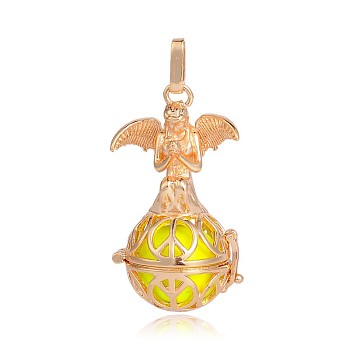 Golden Plated Brass Hollow Round Cage Pendants, with No Hole Spray Painted Brass Beads, Yellow, 45x25x24mm, Hole: 3x8mm