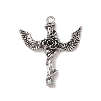 Alloy Enamel Big Pendants, Antique Silver, Sword with Wing Charm, Flower, 50x44x6.5mm, Hole: 3mm