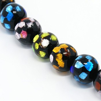 Handmade Silver Foil Glass Lampwork Round Beads Strands, Black, 12mm, Hole: 2mm, about 23pcs/strand, 10.23 inch