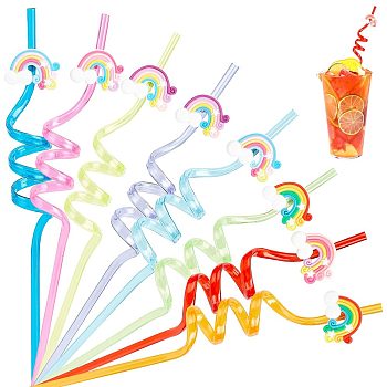 Gorgecraft 8Pcs 8 Colors PET Spiral Drinking Straws, with Silicone Straw Marking Decors, Rainbow, Mixed Color, 252~272x27~28.5mm, 1pc/color