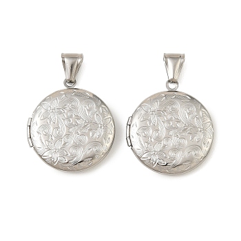 316 Stainless Steel Locket Pendants, with 304 Stainless Steel Snap on Bails, Long-Lasting Plated, Flat Round with Flower Charms, Stainless Steel Color, 31x27.5x5mm, Hole: 8x3.5mm, Inner Diameter: 20mm