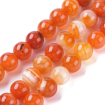 Natural Striped Agate/Banded Agate Beads Strands, Dyed & Heated, Round, Coral, 10mm, Hole: 1.2mm, about 37pcs/strand, 14.65 inch(37.2cm)