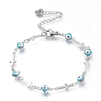 304 Stainless Steel Link Bracelets, with Enamel and Lobster Claw Clasps, Rhombus with Evil Eye & Cross, Stainless Steel Color, Medium Turquoise, 7-1/4 inch(18.5cm)