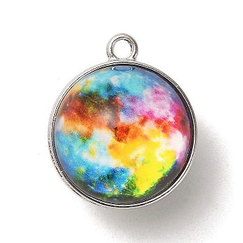 Galaxy Theme Luminous Glass Ball Pendants, Glow in the Dark, with Platinum Tone Alloy Edge, Colorful, 25x21.5x20~21mm, Hole: 2mm