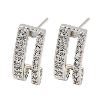 Brass with Clear Cubic Zirconia Stud Earrings, Twist Hollow Rectangle, Platinum, 18.5x8mm