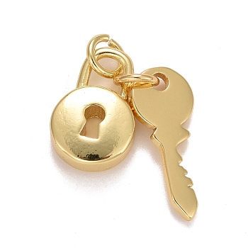 Rack Plating Real 18K Gold Plated Brass Pendants, with Jump Rings, Long-Lasting Plated, Lead Free & Cadmium Free, Lock & Key, Real 18K Gold Plated, 19mm, , Jump Ring: 4.6x0.8mm, 3mm Inner Diameter, Lock: 13x8.5x3.5mm, Key: 15.5x6.5x1mm