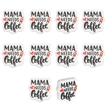 Word Mama Needs Coffee Silicone Beads, DIY Nursing Necklaces and Bracelets Making, Chewing Pendants For Teethers, White, 29x28x8.5mm, Hole: 2mm, 10pcs/box