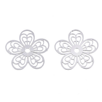 304 Stainless Steel Filigree Pendants, Etched Metal Embellishments, Flower, Stainless Steel Color, 18x19x0.3mm