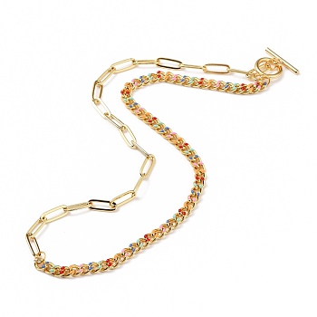 Chain Necklaces, with Brass Enamel Curb Chains & Paperclip Chains, 304 Stainless Steel Toggle Clasps, Real 18K Gold Plated, Colorful, 17-3/8 inch(44cm)