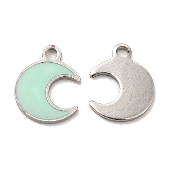 304 Stainless Steel Enamel Pendants, Moon Charm, Stainless Steel Color, 12.5x10x1mm, Hole: 1.6mm
